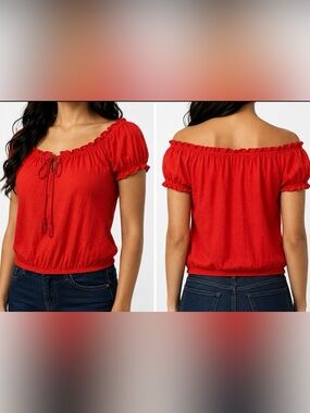 IN LOVE WITH DEREK Red Women’s Peasant Tie-Front Top. SZ M